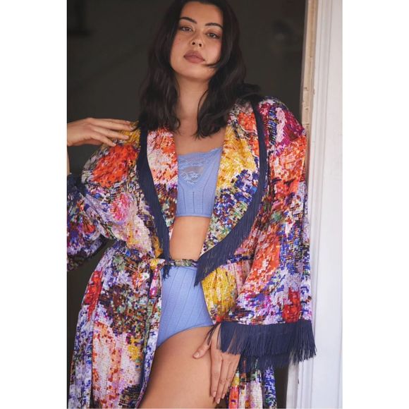 New Anthropologie Kirstin Lamb Painterly Fringed Robe Size Xs